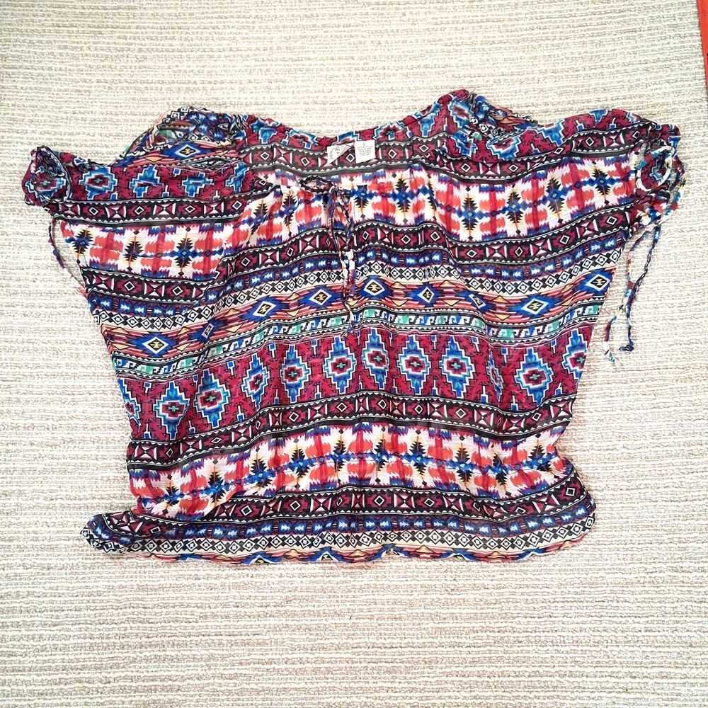 Vintage DCC Women L Aztec Tribal Geometric Southwestern Sheer Peasant Blouse Top